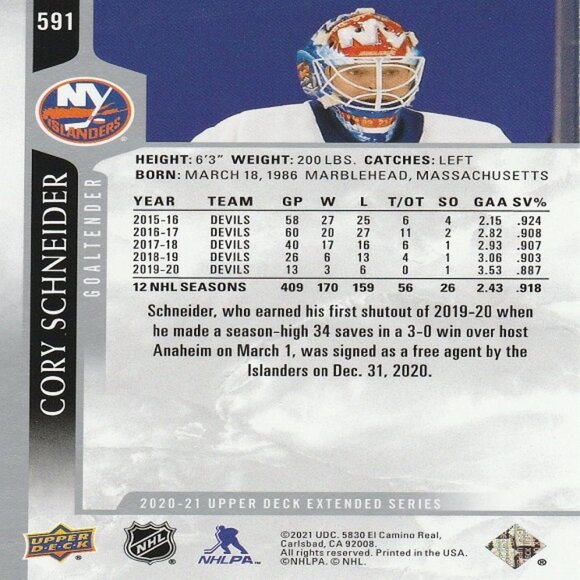 Cory Schneider - 2020/2021 Upper Deck Extended Series Hockey Card - Picture 2 of 2
